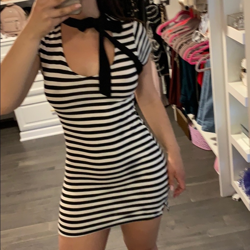 Stripes black white neck tie dress